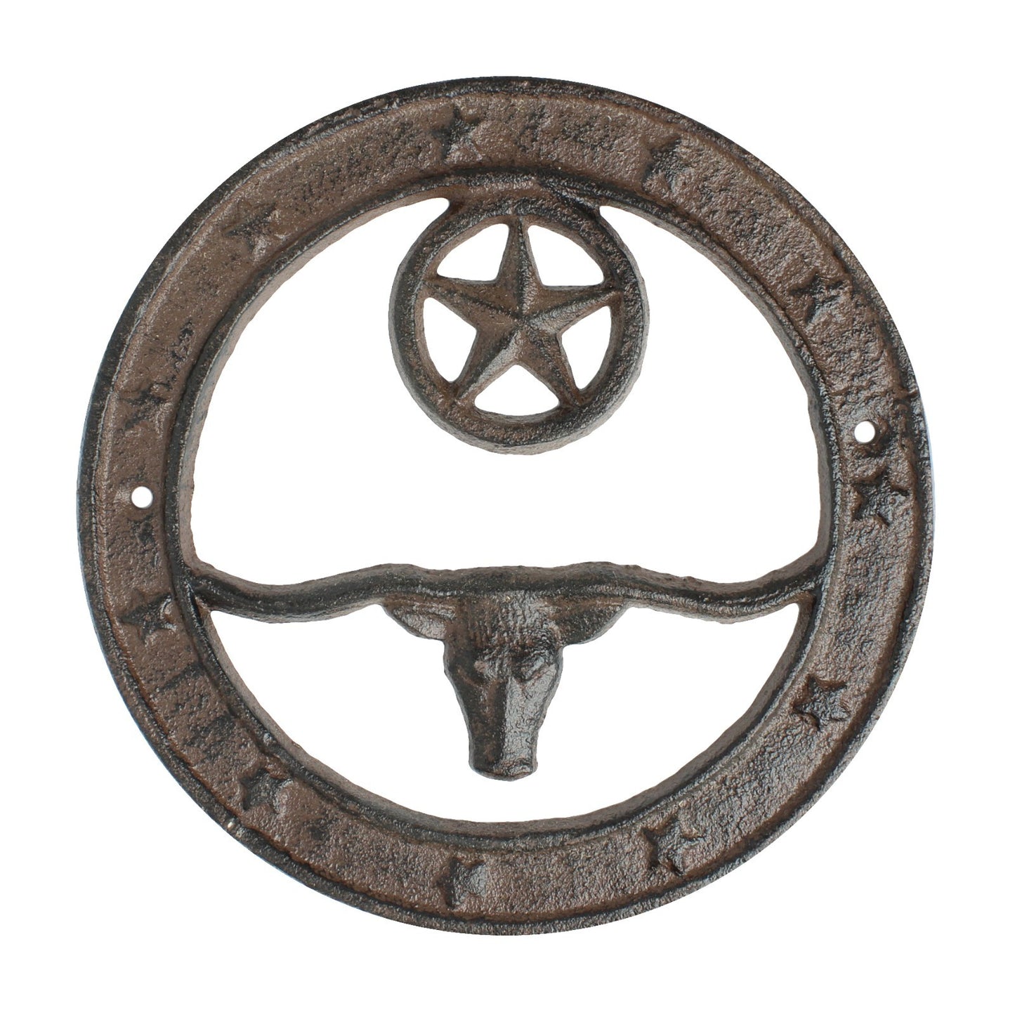 Cast Iron Texas Longhorn Wall Decor Circle With Stars Rustic Western 6.5 inch