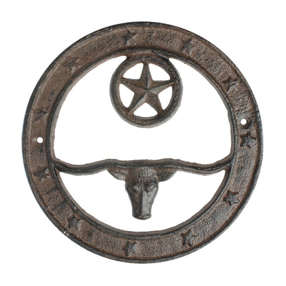 Cast Iron Texas Longhorn Wall Decor Circle With Stars Rustic Western 6.5 inch