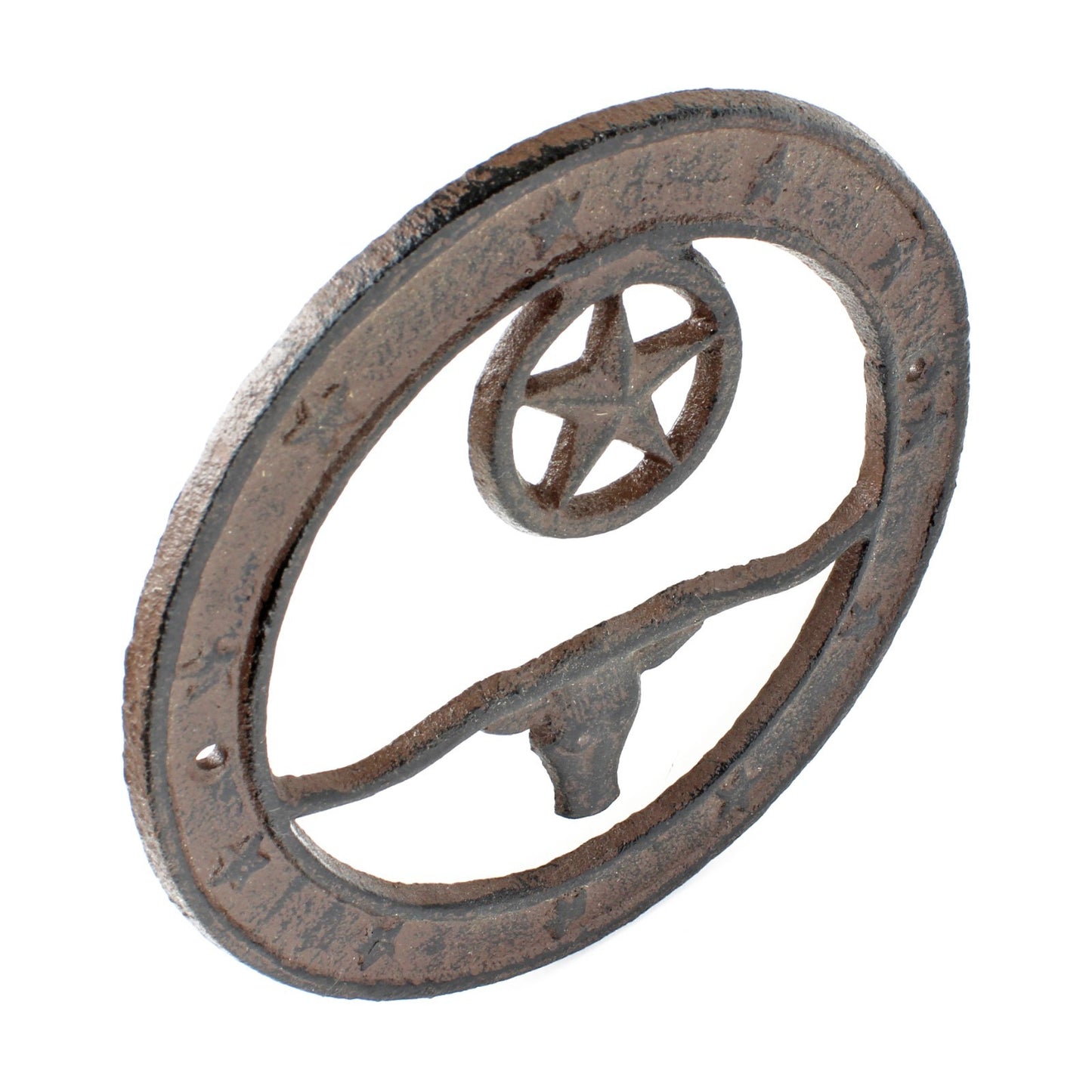 Cast Iron Texas Longhorn Wall Decor Circle With Stars Rustic Western 6.5 inch