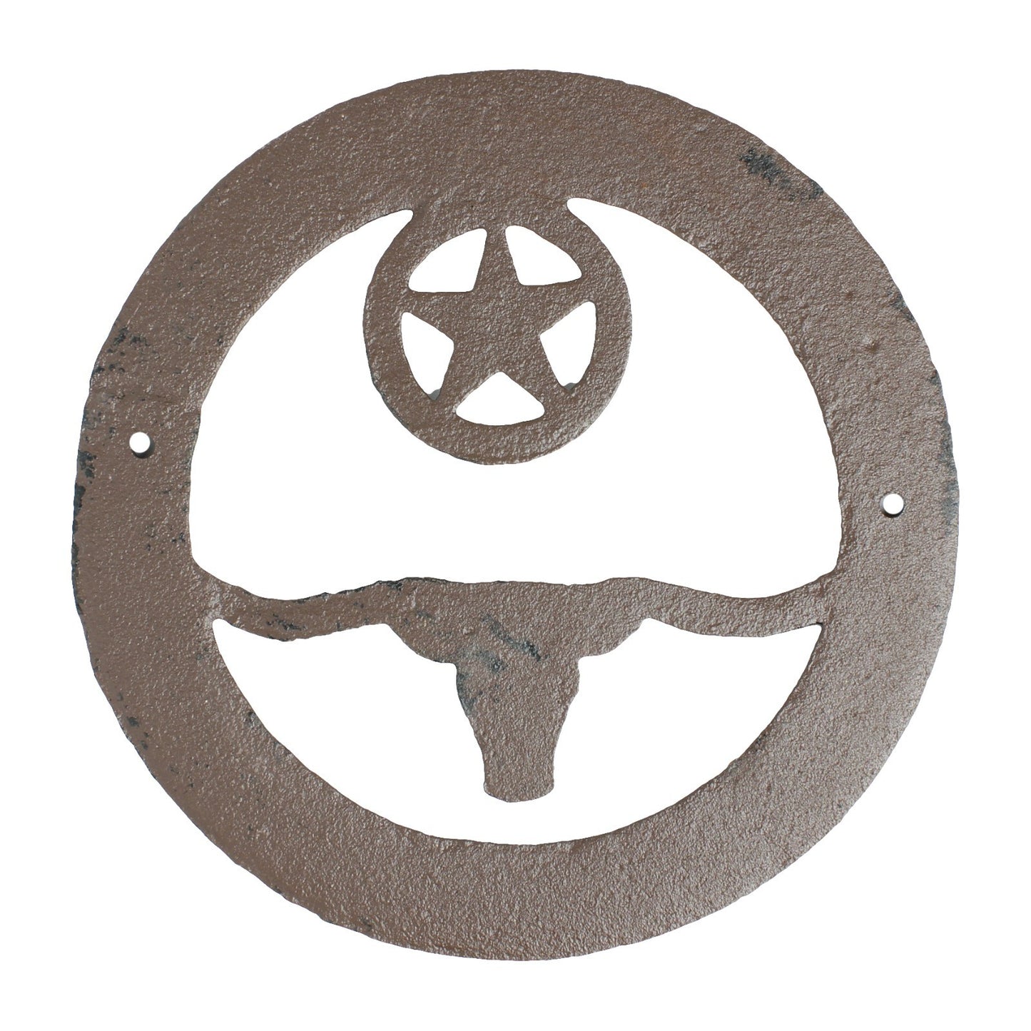 Cast Iron Texas Longhorn Wall Decor Circle With Stars Rustic Western 6.5 inch