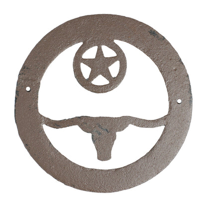 Cast Iron Texas Longhorn Wall Decor Circle With Stars Rustic Western 6.5 inch