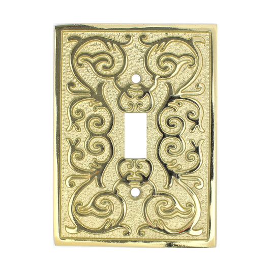 Polished Brass Metal Ornate Floral Single Toggle Switch Wall Plate Cover