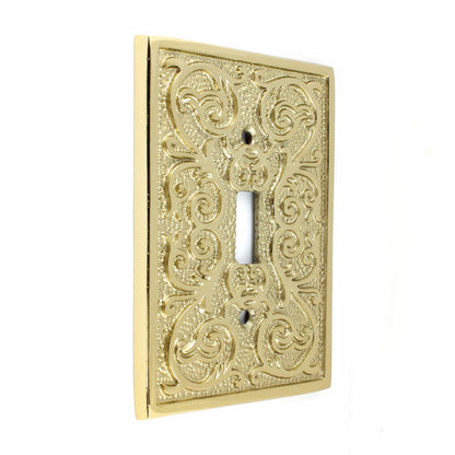 Polished Brass Metal Ornate Floral Single Toggle Switch Wall Plate Cover