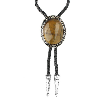 Oval Tiger's Eye Stone Western Bolo Tie Silver Color 40 inch Black Leather Cord