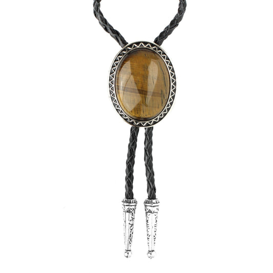 Oval Tiger's Eye Stone Western Bolo Tie Silver Color 40 inch Black Leather Cord