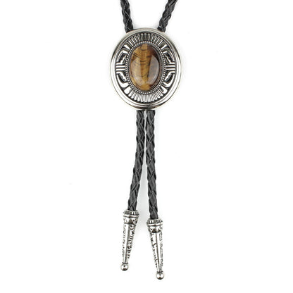 Oval Tiger's Eye Natural Stone Western Bolo Tie Silver Color 40 inch Black Cord