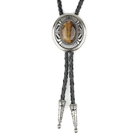 Oval Tiger's Eye Natural Stone Western Bolo Tie Silver Color 40 inch Black Cord