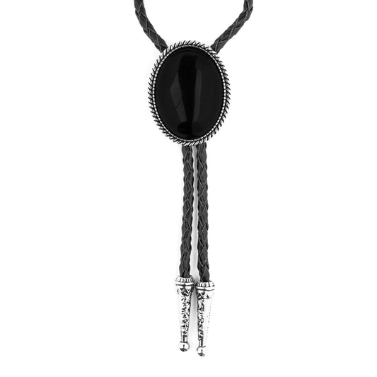 Oval Black Onyx Natural Stone Bolo Tie Silver Color 40 in Black Leather Cord