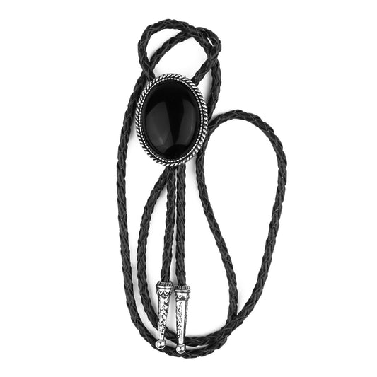 Oval Black Onyx Natural Stone Bolo Tie Silver Color 40 in Black Leather Cord