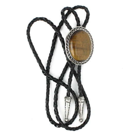 Oval Tiger's Eye Stone Western Bolo Tie Silver Color 40 inch Black Leather Cord