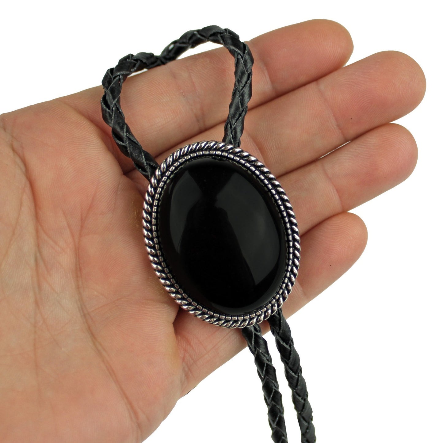 Oval Black Onyx Natural Stone Bolo Tie Silver Color 40 in Black Leather Cord