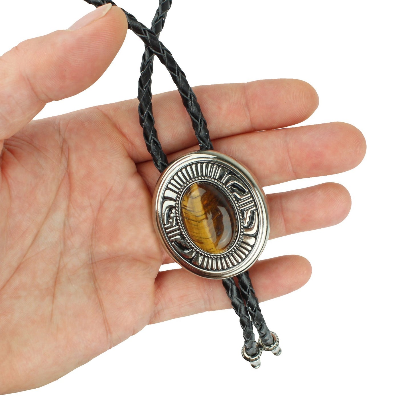 Oval Tiger's Eye Natural Stone Western Bolo Tie Silver Color 40 inch Black Cord