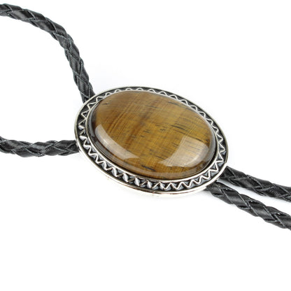 Oval Tiger's Eye Stone Western Bolo Tie Silver Color 40 inch Black Leather Cord