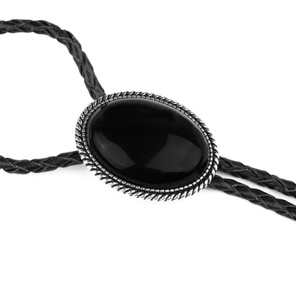 Oval Black Onyx Natural Stone Bolo Tie Silver Color 40 in Black Leather Cord