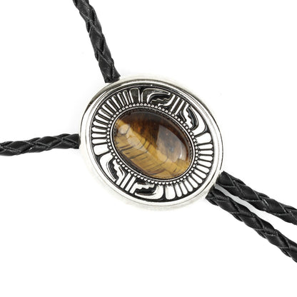 Oval Tiger's Eye Natural Stone Western Bolo Tie Silver Color 40 inch Black Cord