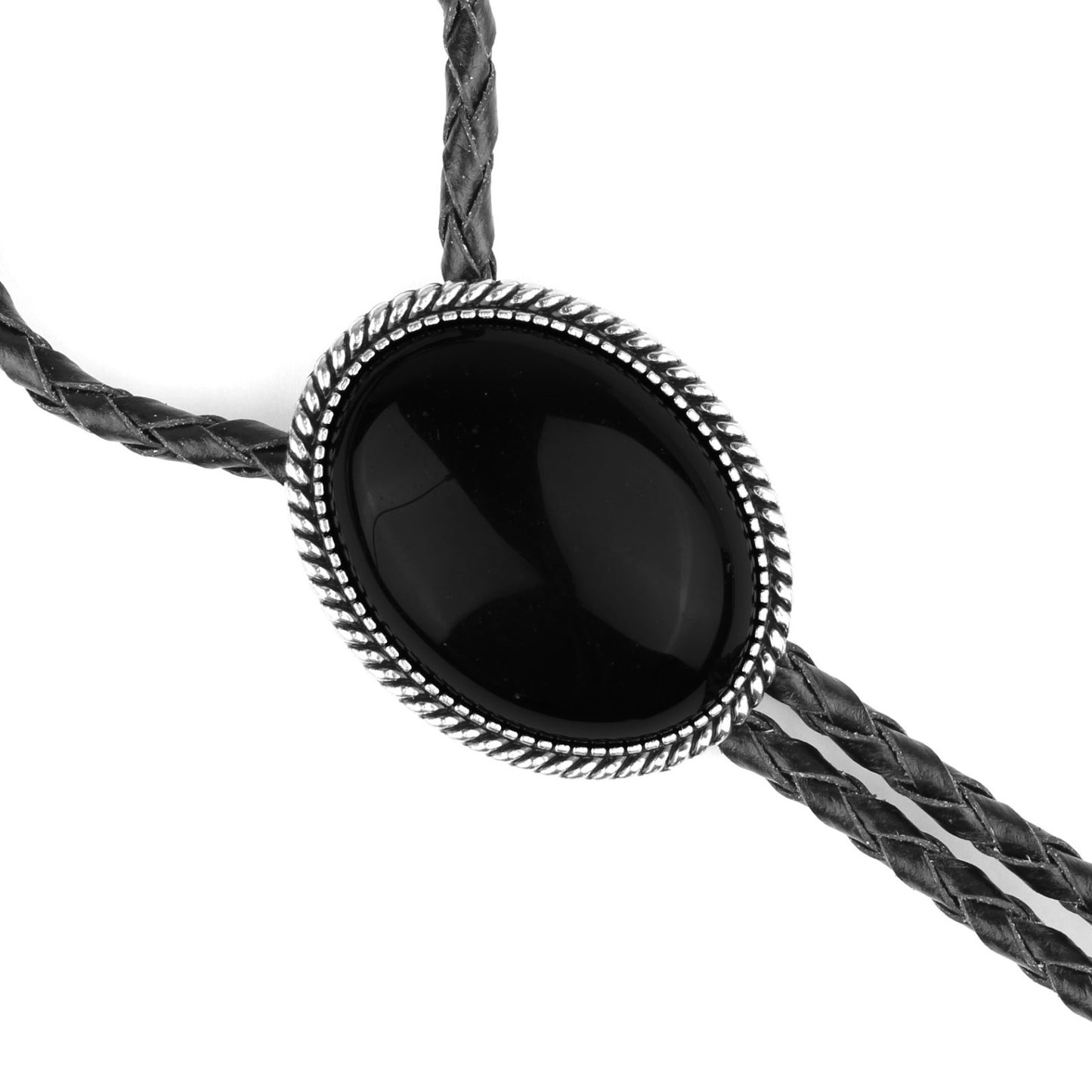 Oval Black Onyx Natural Stone Bolo Tie Silver Color 40 in Black Leather Cord