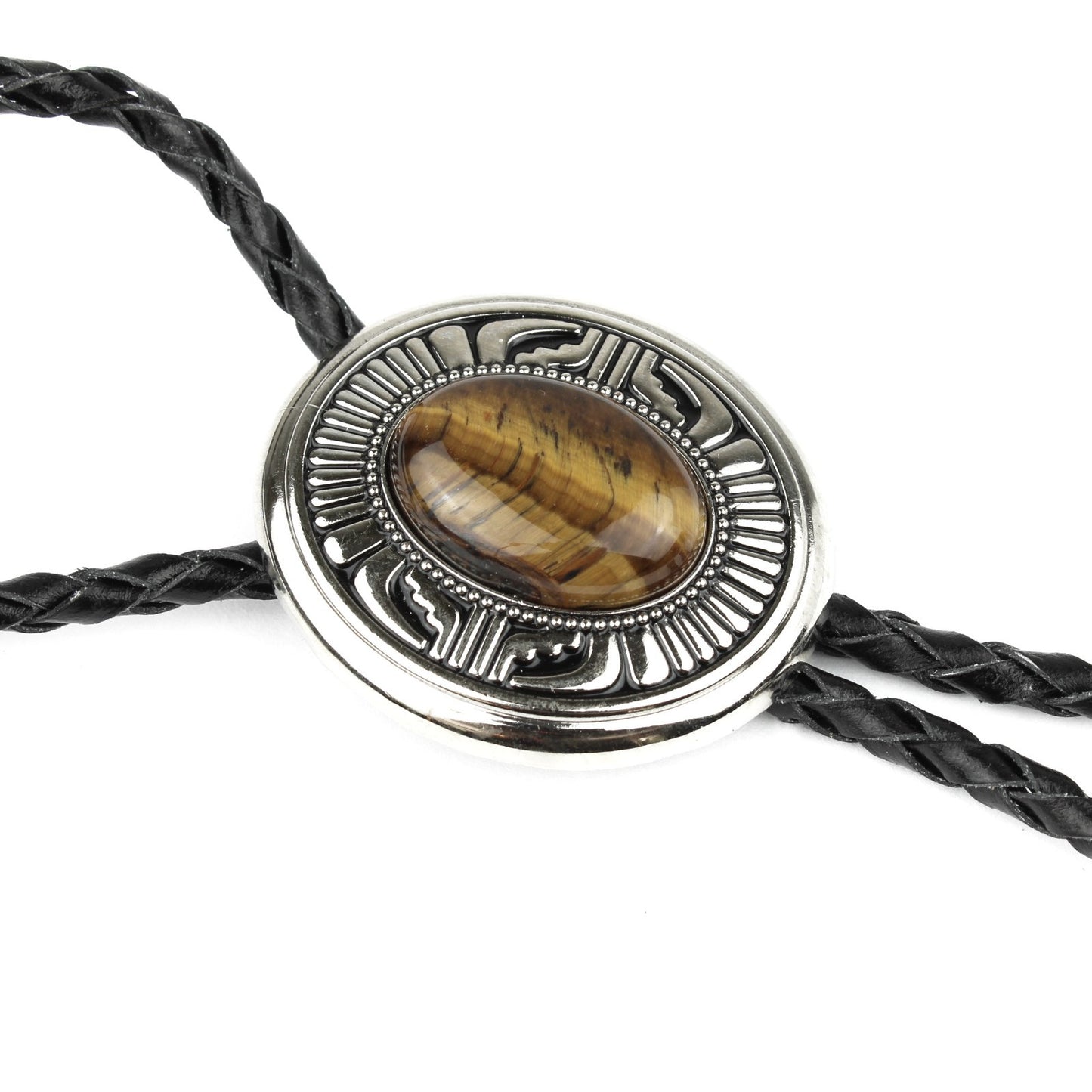 Oval Tiger's Eye Natural Stone Western Bolo Tie Silver Color 40 inch Black Cord