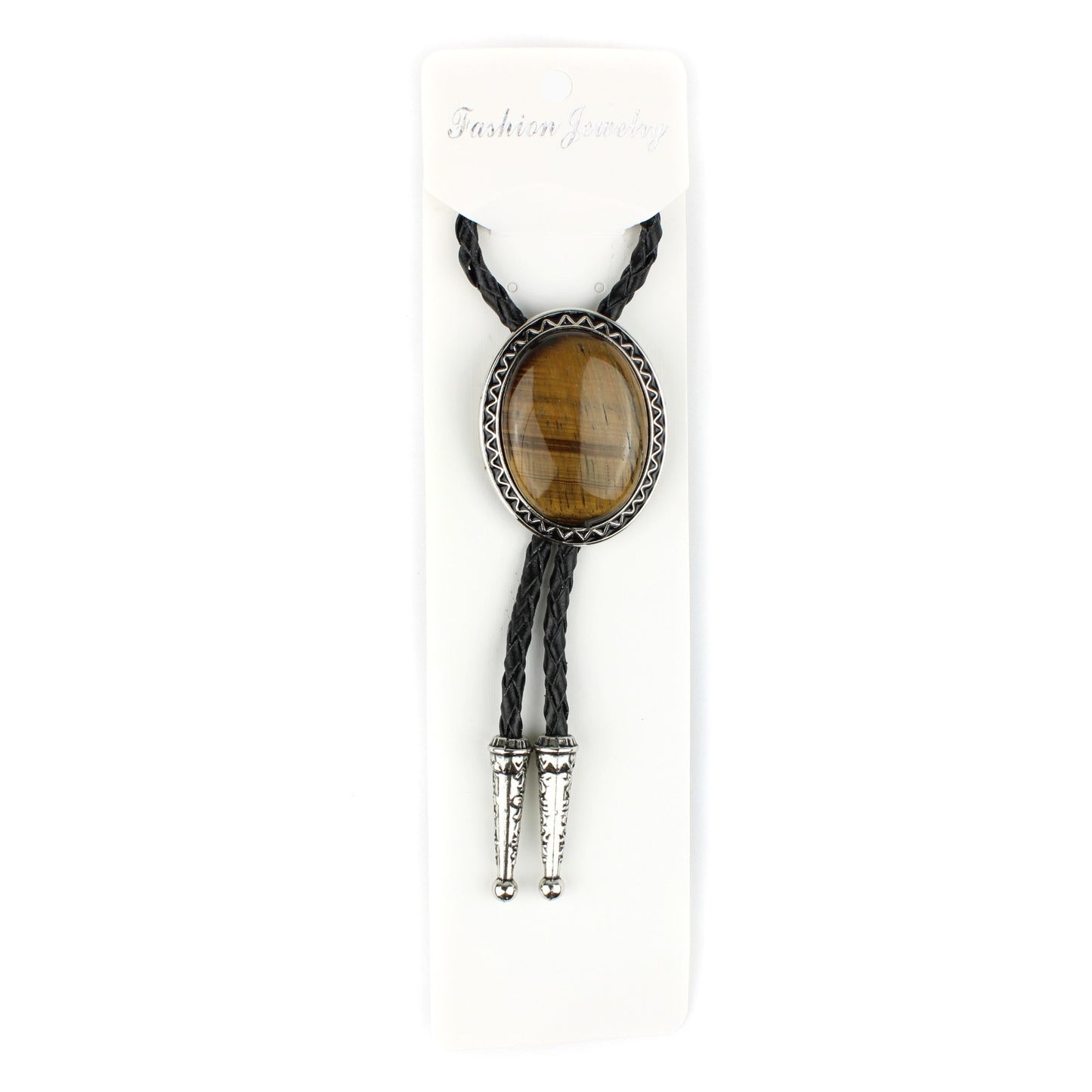 Oval Tiger's Eye Stone Western Bolo Tie Silver Color 40 inch Black Leather Cord