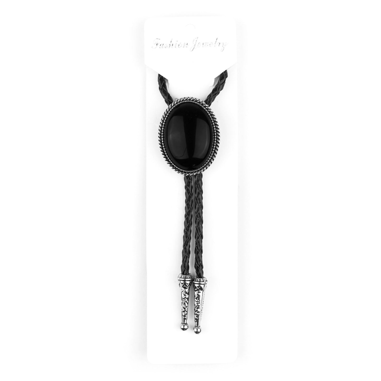 Oval Black Onyx Natural Stone Bolo Tie Silver Color 40 in Black Leather Cord