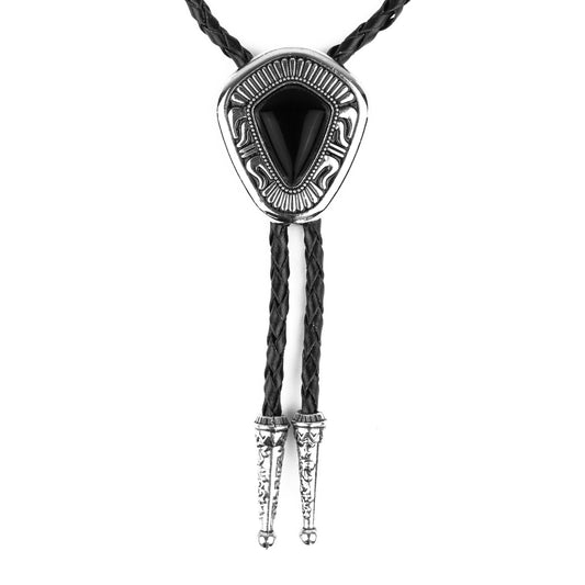 Teardrop Black Onyx Stone Western Bolo Tie Silver Color 40 inch Black Cord