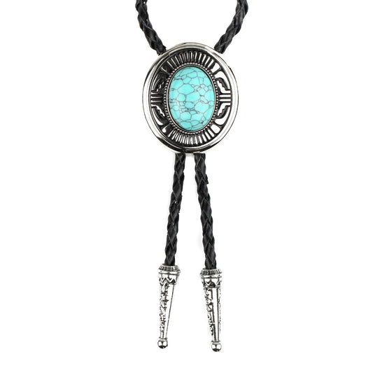 Oval Turquoise Natural Stone Western Bolo Tie Silver Color 40 inch Black Cord