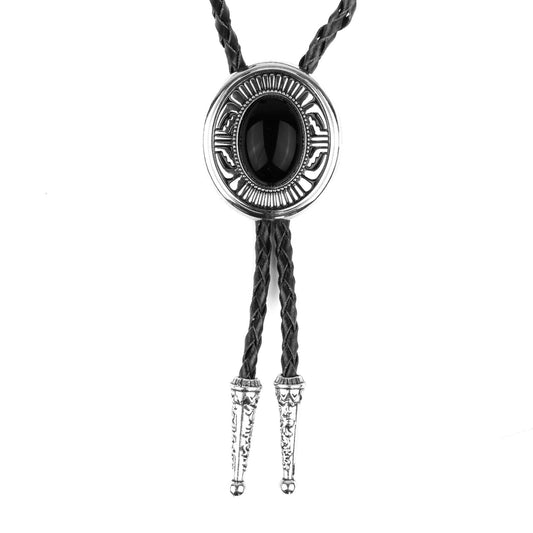 Oval Black Onyx Natural Stone Western Bolo Tie Silver Color 40 inch Black Cord