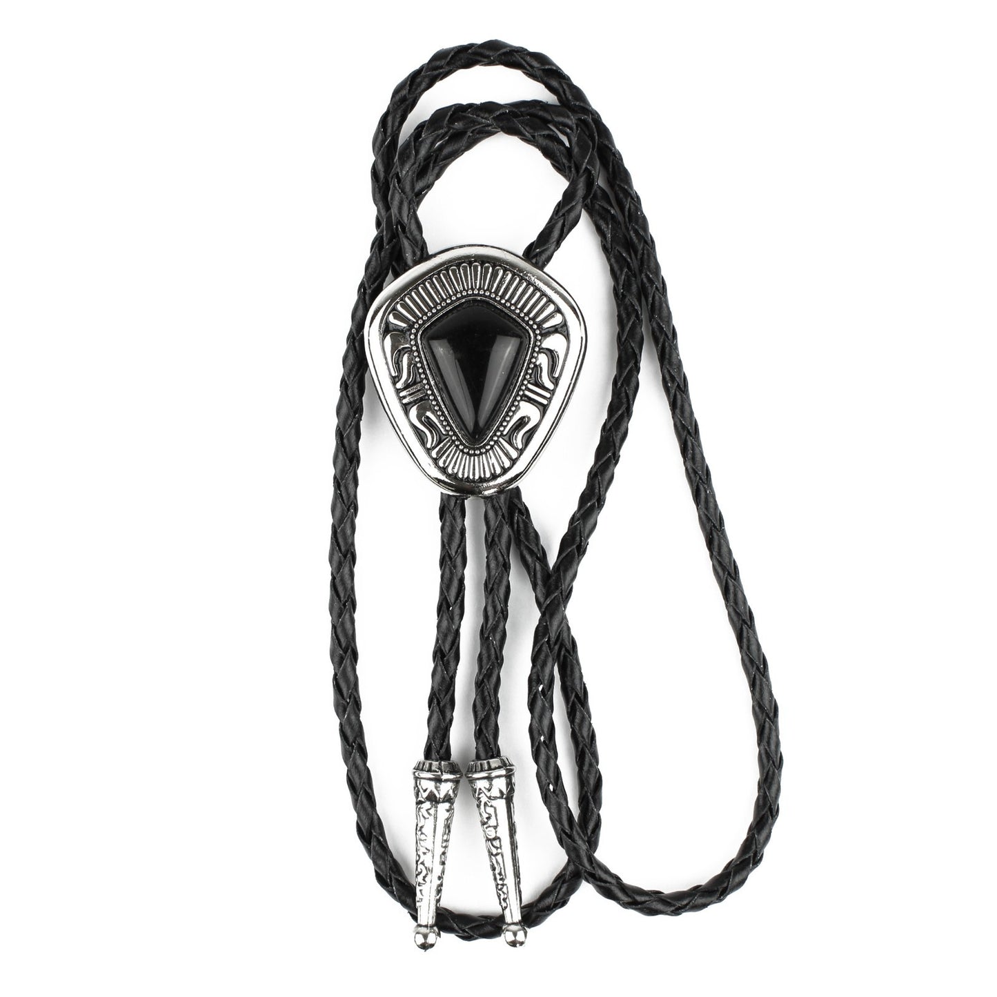 Teardrop Black Onyx Stone Western Bolo Tie Silver Color 40 inch Black Cord