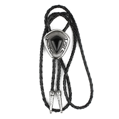 Teardrop Black Onyx Stone Western Bolo Tie Silver Color 40 inch Black Cord
