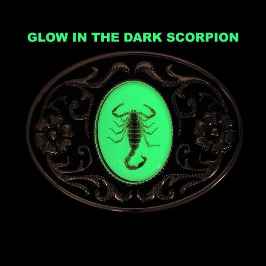 Glow In The Dark Real Scorpion Oval Western Belt Buckle Floral Copper Finish