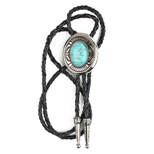 Oval Turquoise Natural Stone Western Bolo Tie Silver Color 40 inch Black Cord