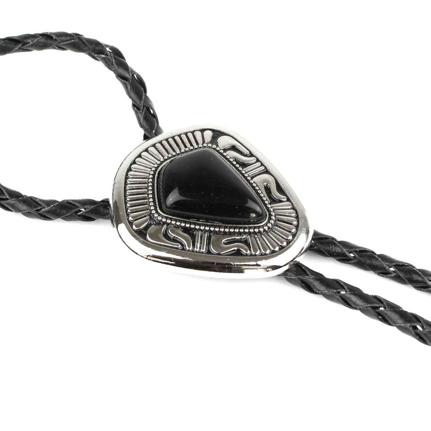 Teardrop Black Onyx Stone Western Bolo Tie Silver Color 40 inch Black Cord