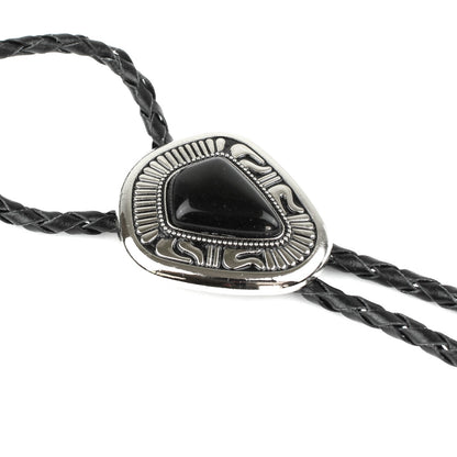 Teardrop Black Onyx Stone Western Bolo Tie Silver Color 40 inch Black Cord