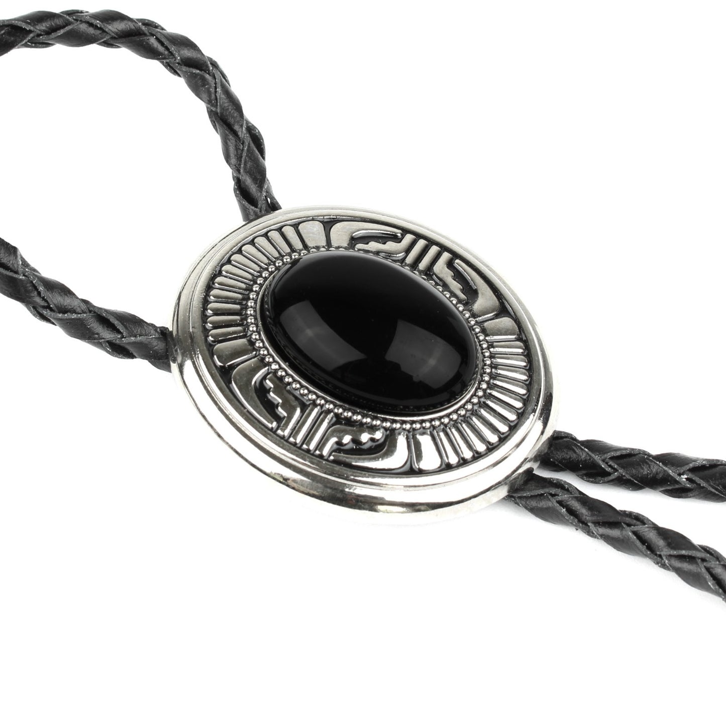 Oval Black Onyx Natural Stone Western Bolo Tie Silver Color 40 inch Black Cord