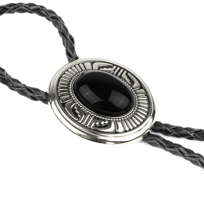 Oval Black Onyx Natural Stone Western Bolo Tie Silver Color 40 inch Black Cord