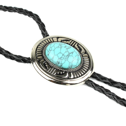 Oval Turquoise Natural Stone Western Bolo Tie Silver Color 40 inch Black Cord