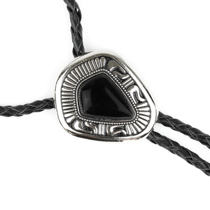 Teardrop Black Onyx Stone Western Bolo Tie Silver Color 40 inch Black Cord