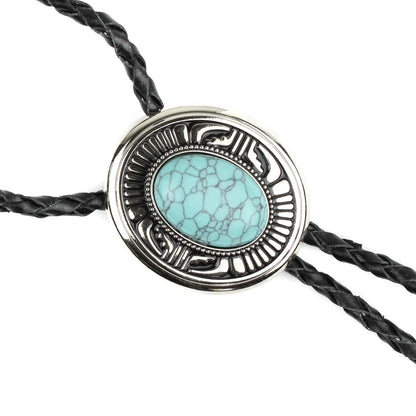 Oval Turquoise Natural Stone Western Bolo Tie Silver Color 40 inch Black Cord