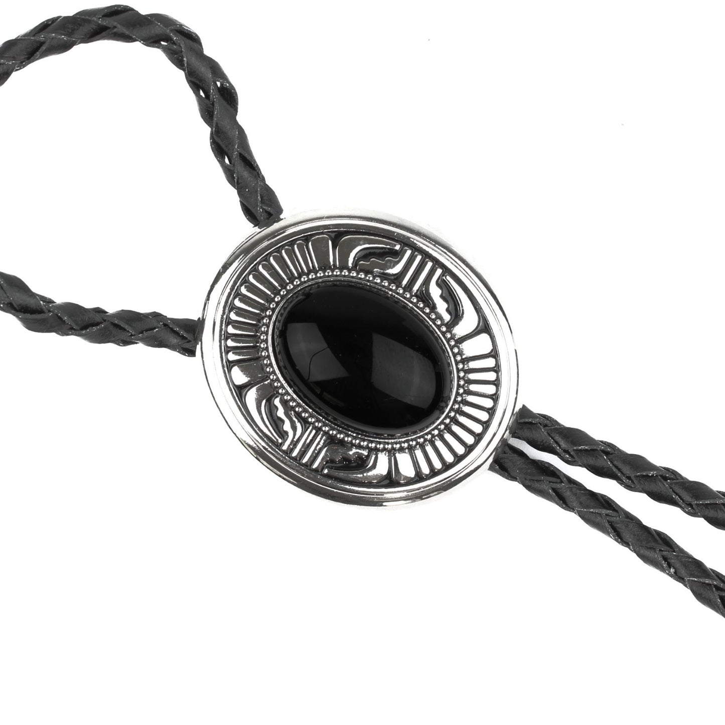 Oval Black Onyx Natural Stone Western Bolo Tie Silver Color 40 inch Black Cord