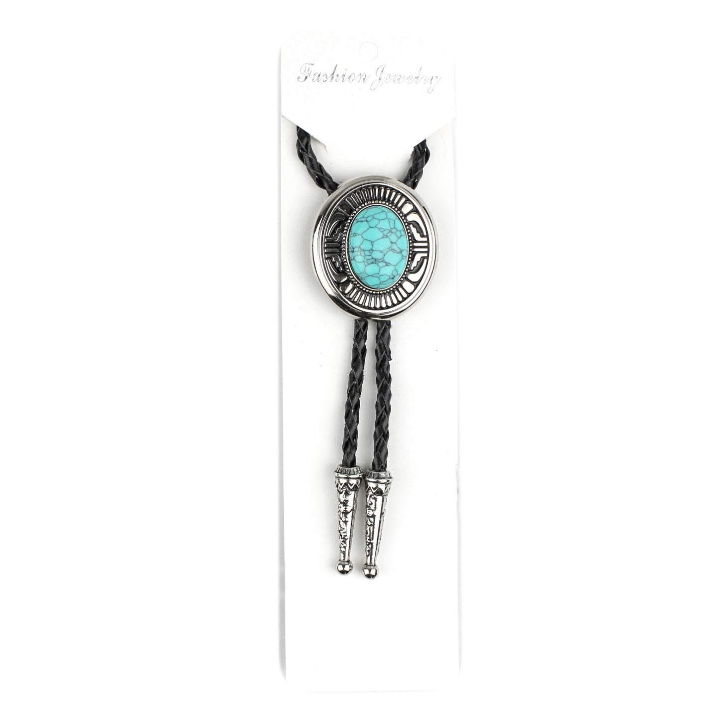Oval Turquoise Natural Stone Western Bolo Tie Silver Color 40 inch Black Cord