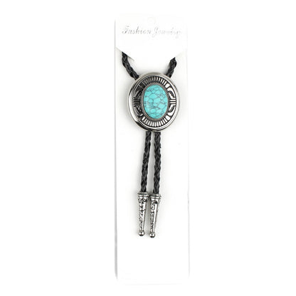 Oval Turquoise Natural Stone Western Bolo Tie Silver Color 40 inch Black Cord