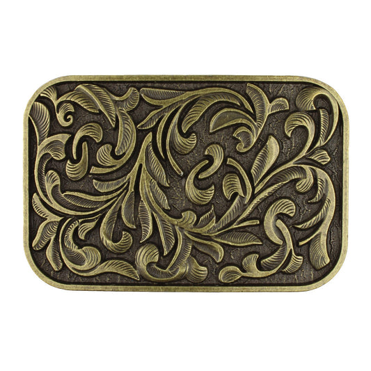Western Cowboy Belt Buckle Carved Floral Ornate Design Antique Bronze 3 1/2 inch