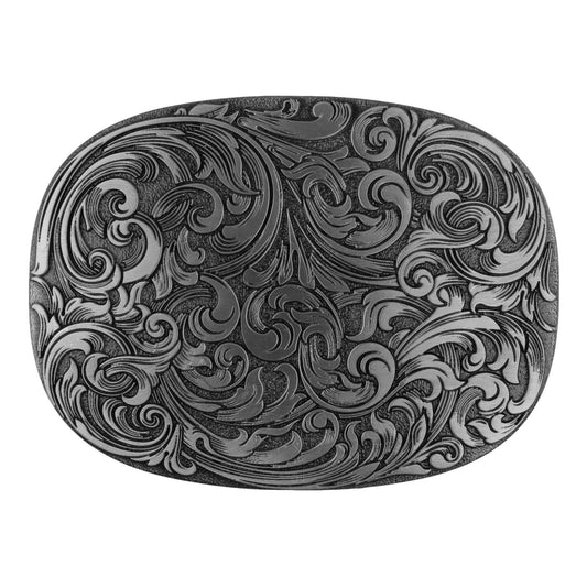 Western Cowboy Belt Buckle Carved Floral Ornate Design Antique Silver 3 5/8 inch
