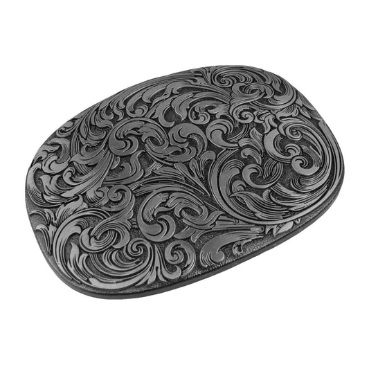 Western Cowboy Belt Buckle Carved Floral Ornate Design Antique Silver 3 5/8 inch