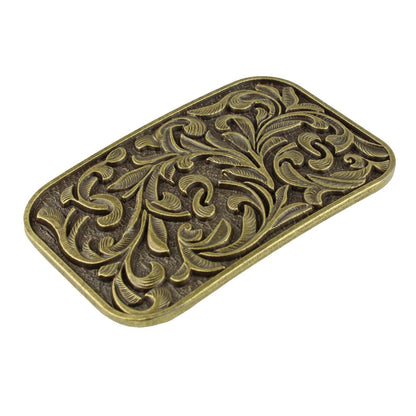 Western Cowboy Belt Buckle Carved Floral Ornate Design Antique Bronze 3 1/2 inch