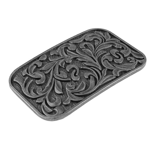 Western Cowboy Belt Buckle Carved Floral Ornate Design Antique Silver 3 1/2 inch