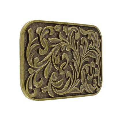 Western Cowboy Belt Buckle Carved Floral Ornate Design Antique Bronze 3 1/2 inch