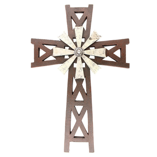 Rustic Western Windmill Wall Hanging Cross Religious Decor Polyresin 13.5 inch