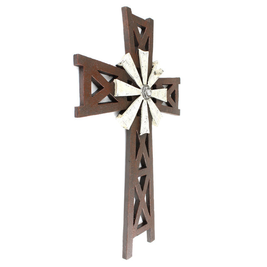 Rustic Western Windmill Wall Hanging Cross Religious Decor Polyresin 13.5 inch