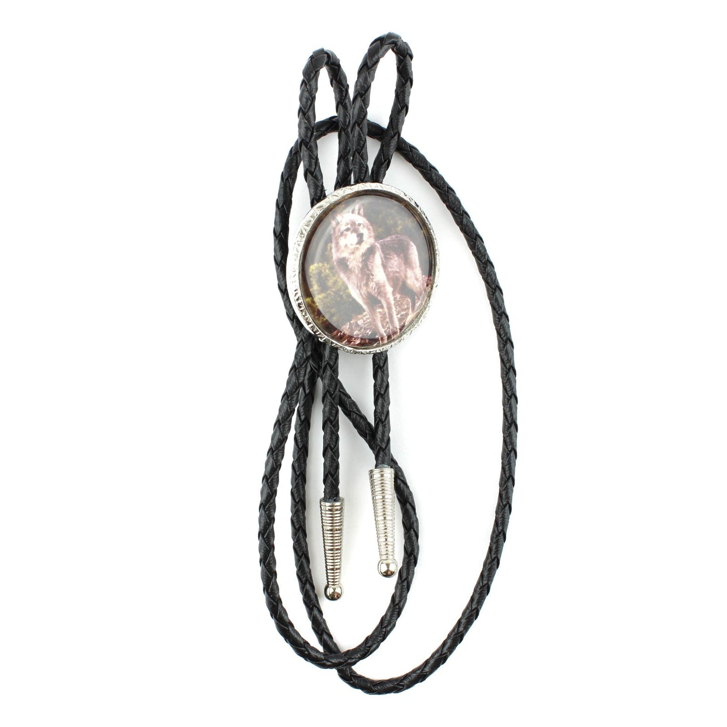 Western Wolf Bolo Tie Round Silver Color Pendant 36 inch Black Cord Made in USA