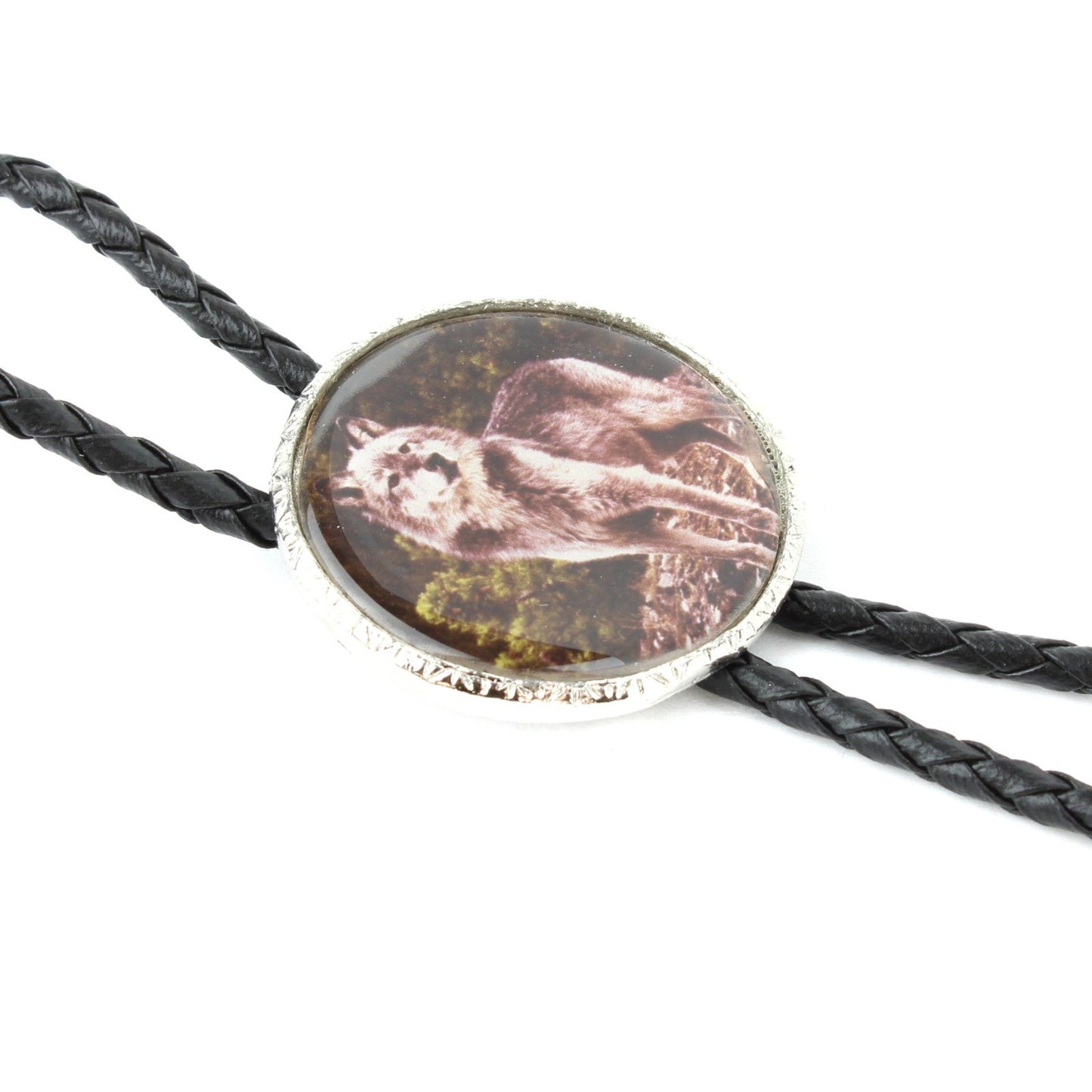 Western Wolf Bolo Tie Round Silver Color Pendant 36 inch Black Cord Made in USA